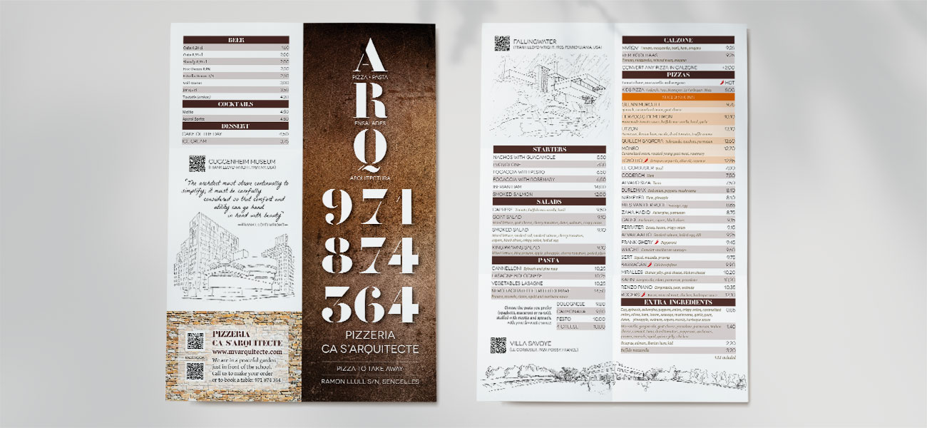 Diseño carta restaurante "Pizzeria Ca s'Arquitecte" Sencelles, Mallorca